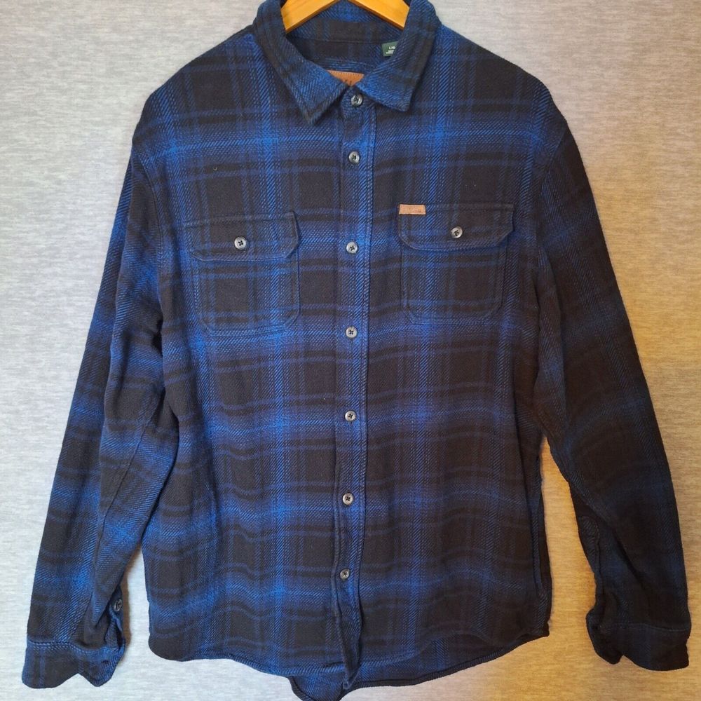 Orvis Mens Plaid Flannel Shirt Jacket Large Blue Long Sleeve Button Up Outdoor
